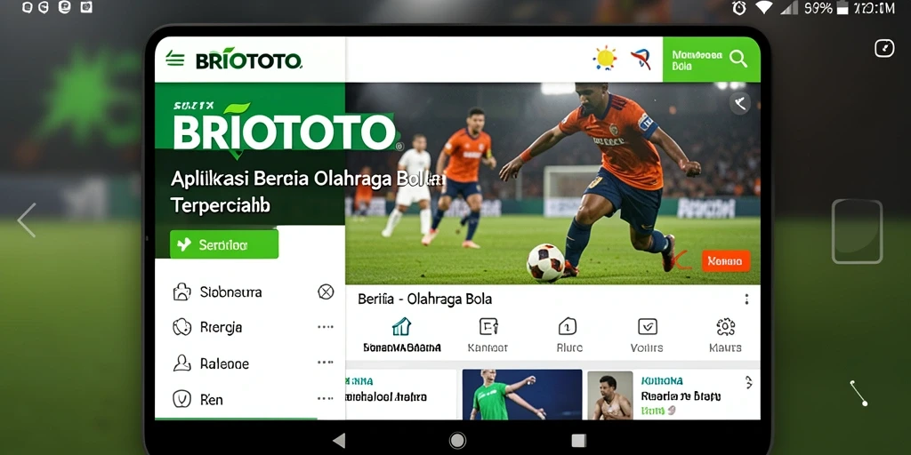 Antarmuka aplikasi BRIOTOTO menampilkan berita olahraga bola terkini.