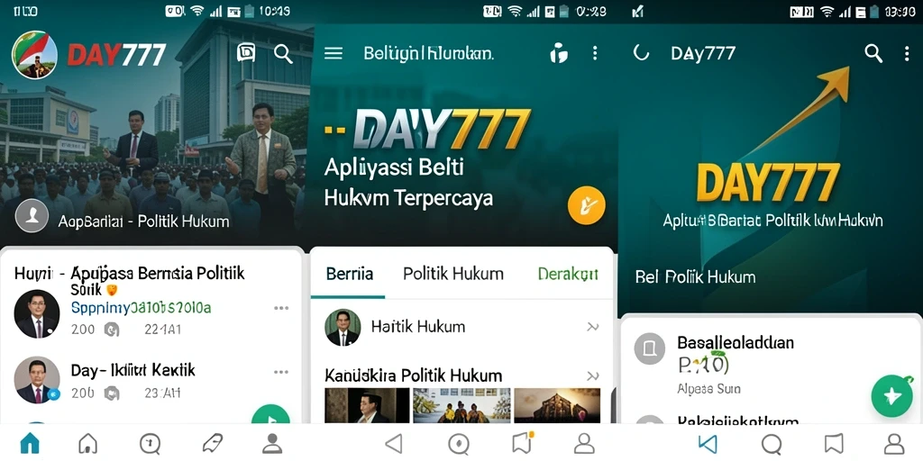 Antarmuka aplikasi DAY777 yang menampilkan berita hukum dan politik.